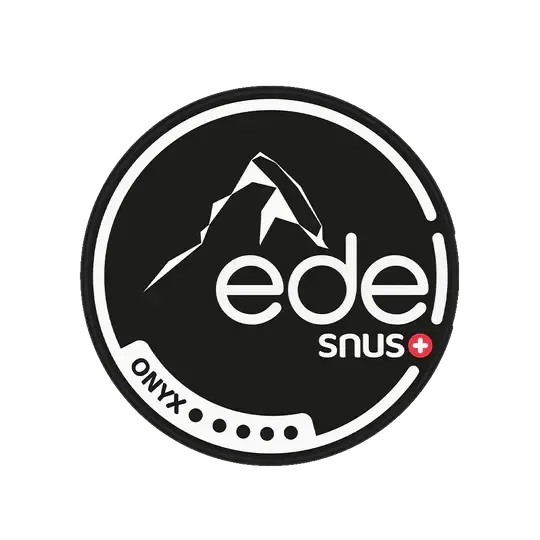 Edel Snus Onyx logotipas su kalno motyvais ant juodo fono, Šveicarijos snus prekės ženklas
