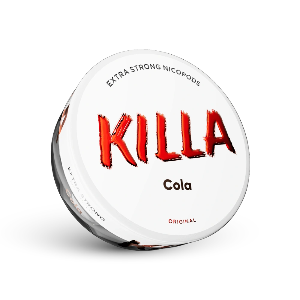 Killa Cola Extra Strong Nicotine Pouches su 16mg nikotino, balta dėžutė su raudonu logotipu