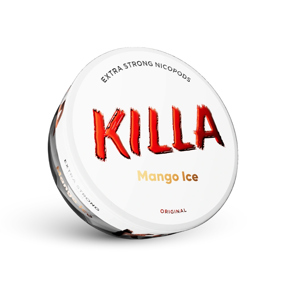 Killa Mango Ice nikotino pagalvėlės ekstra stiprios, 16 mg, dozė su baltu dizainu ir raudonu logotipu