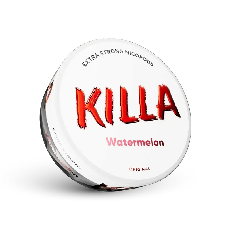 Killa Watermelon Extra Strong Nicotine Pouches Dozė su raudonu logo ir arbūzo skonio