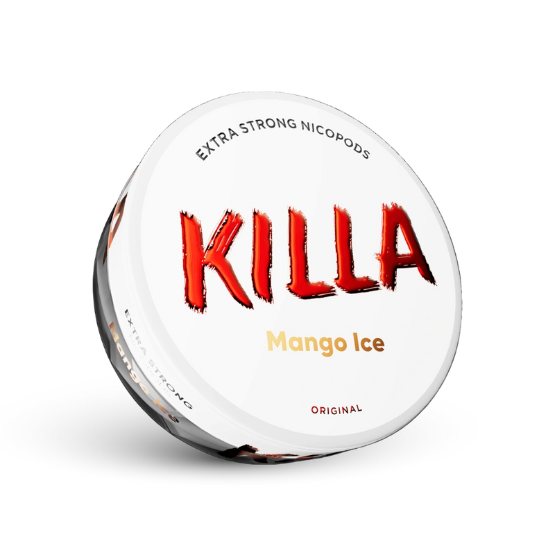 Killa Mango Ice nikotino pagalvėlės ekstra stiprios, 16 mg, dozė su baltu dizainu ir raudonu logotipu