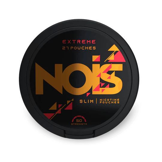 Nois Extreme Slim nikotino pagalvėlės, 27 maišeliai, 50 mg stiprumas, juoda dėžutė su auksiniu logotipu